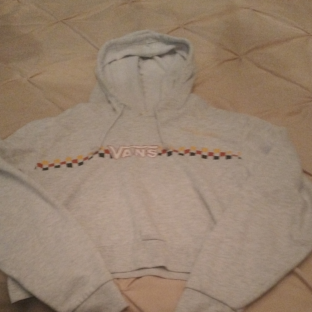 Vans Light Gray Cropped Hoodie with Checkered Stripe